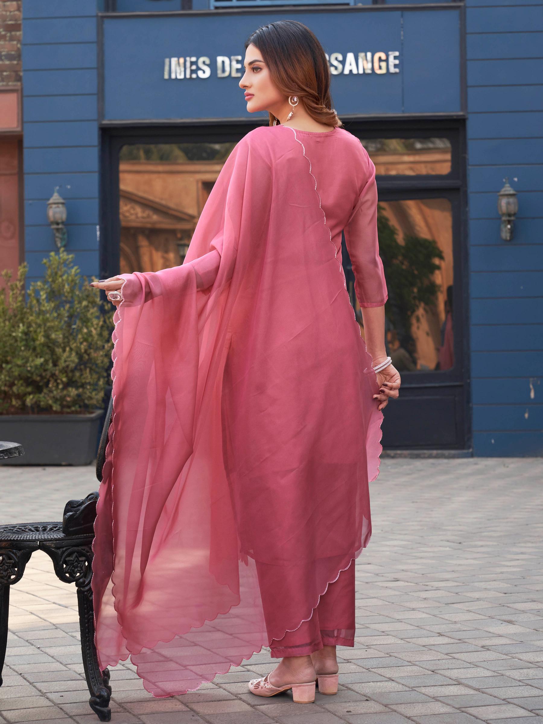Blush Pink Organza With Tonal Thread Embroidery Round Neck Straight Kurta Set